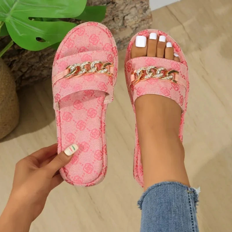 Women Platform Slippers Designer Flat Sandals Outdoor Floral Slippers Ladies 2025 New Summer Women Shoes Beach Slides Women